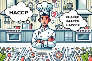 A grafikastílusú illusztráció egy zavart szakácsot ábrázol, aki szeretne tisztában lenni a HACCP, HACCP, CHACCP és HAACCP fogalmakkal.