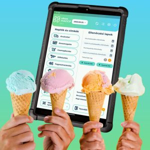 Digitális fagylalt napló az OkosHACCP alkalmazásban, egy tablet képernyőjén fagylaltok mellett.